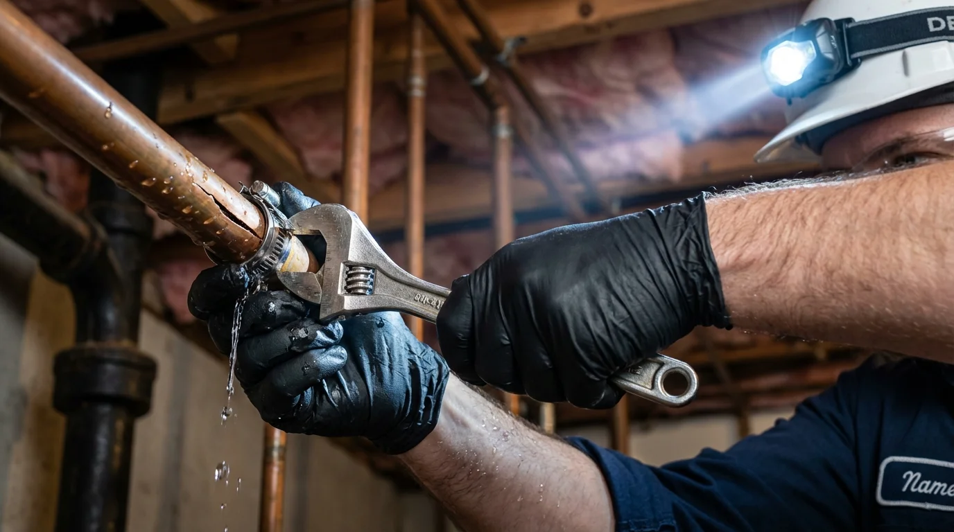 Emergency pipe clamp repair being performed by a Johns Plumbing LLC plumber in Mountain View