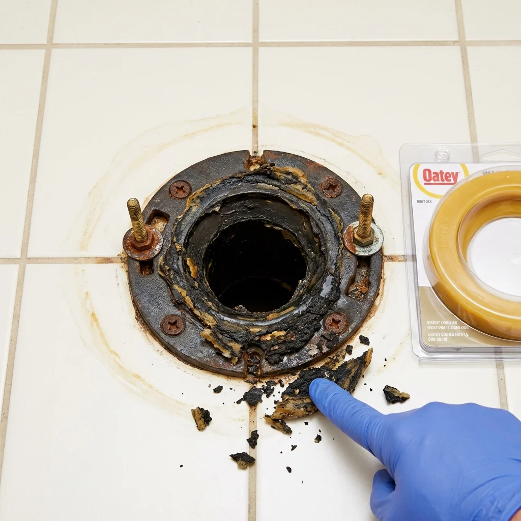Failed wax ring showing water seepage at the base of a toilet in a Mountain View, WY home