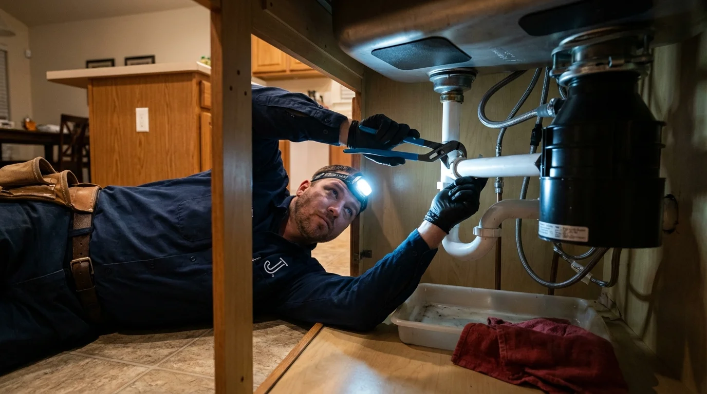 P-trap and supply line connections under a kitchen sink showing a common leak point in Mountain View, WY